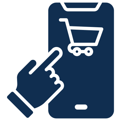 Mobiltelefon med shoppingkorg och finger som klickar, enkel e-handelsupplevelse.